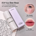 kakashow blush stick in shade 01 Icy Dew Rose, shown with its white packaging box and applicator wand. The image includes two circular inset photos demonstrating the product's effect on cheeks and lips, with descriptive text overlays.