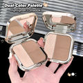 A hand holding two open compact makeup palettes with mirrored lids and two-toned highlighter/shadow powders. The text at the top reads 'Dual-Color Palette Highlighter + Shadow' and the brand name 'kakashow' is visible on the powder pans.