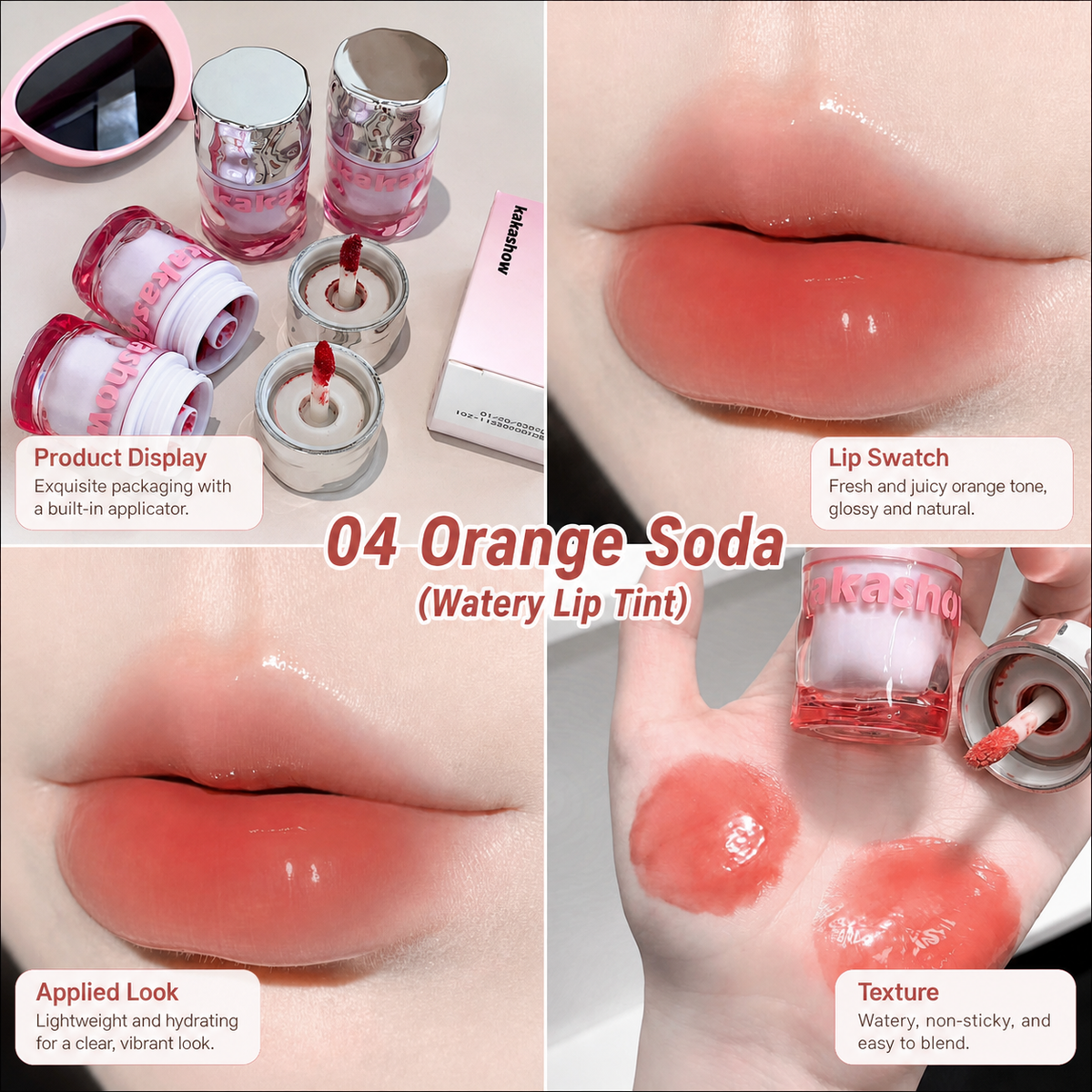 A four-panel collage showing a lip tint product and its application. The top-left panel shows the product packaging, including pink-tinted jars, a box, and a pink-tinted mirror.