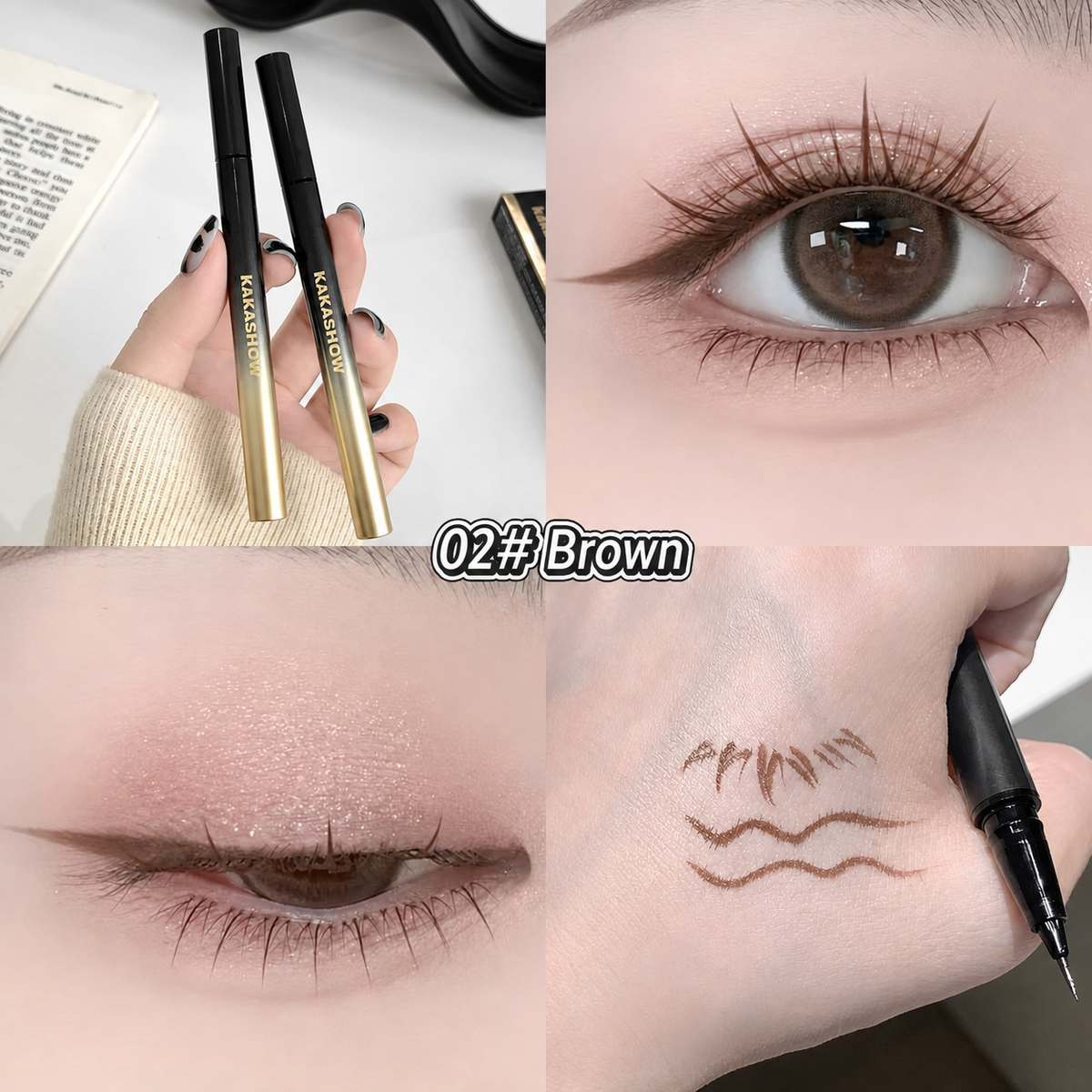 A collage showing two black and gold eyeliner pencils, with close-up views of an eye wearing the product and swatches of the brown eyeliner on skin. Text on the image reads '02# Brown'.