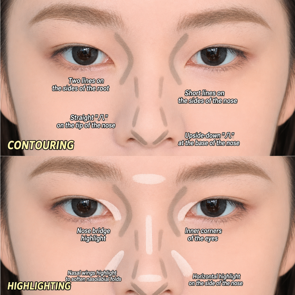 A close-up instructional face contouring and highlighting guide on a model's face, with labeled areas and gray makeup lines showing how to contour the nose, cheeks, and eyes, plus a highlighted version below.