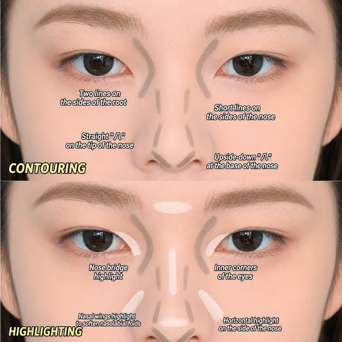 A close-up instructional face contouring and highlighting guide on a model's face, with labeled areas and gray makeup lines showing how to contour the nose, cheeks, and eyes, plus a highlighted version below.