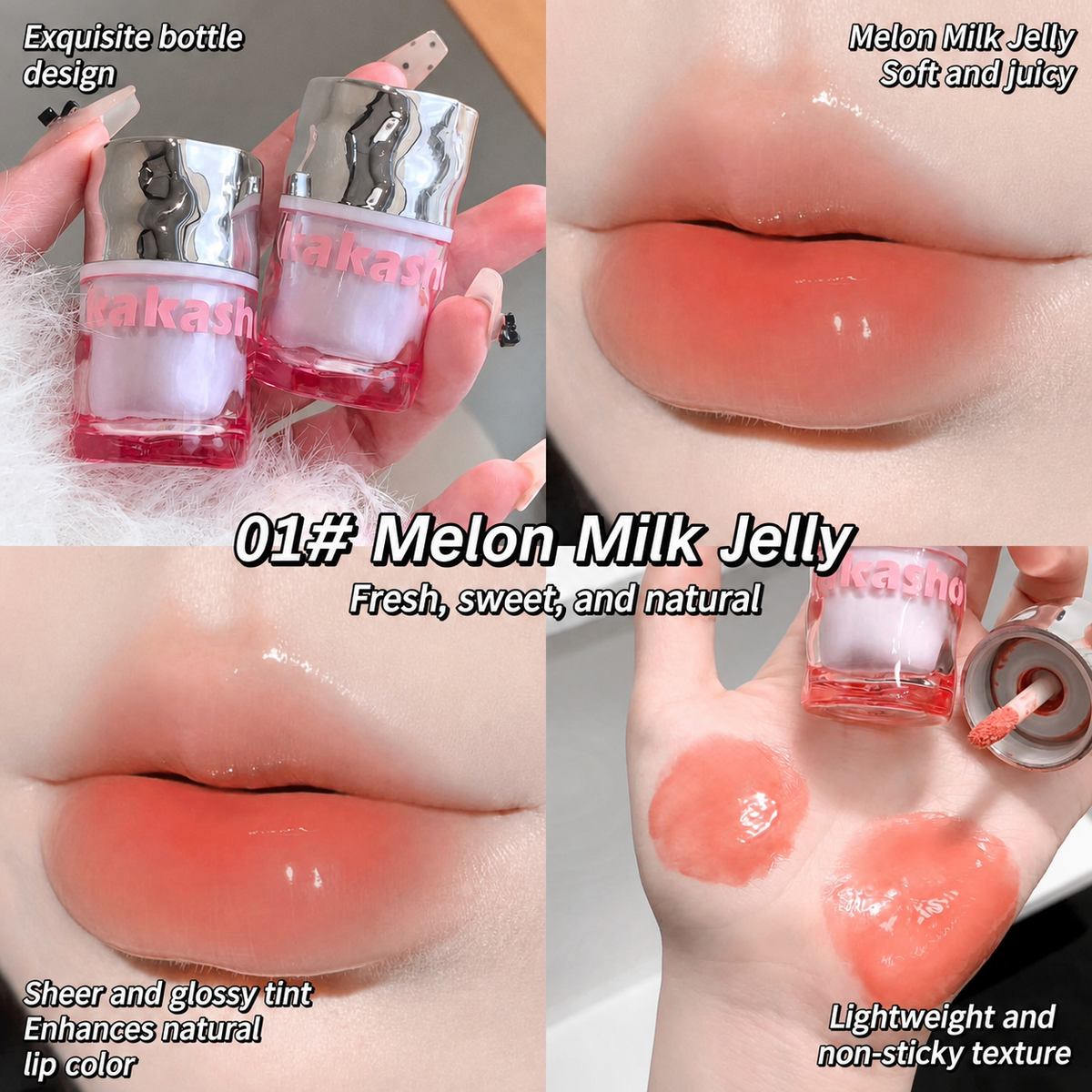 Four-panel product showcase for a lip gloss labeled 'Melon Milk Jelly Soft and juicy' in shade 01. Two panels show a hand holding the clear bottle with pink-red gloss inside and reflective silver caps; two panels show glossy lips wearing the product.