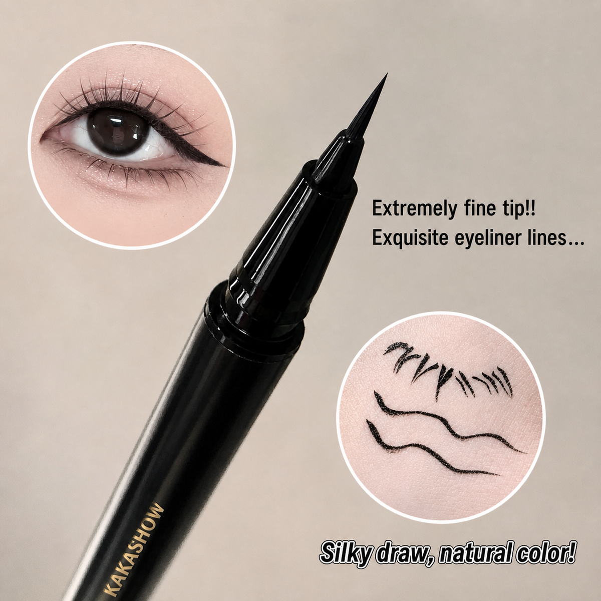 A black KAKASHOW liquid eyeliner pen with a fine tip, shown against a beige background with circular inset images demonstrating the eye and eyelash line results.