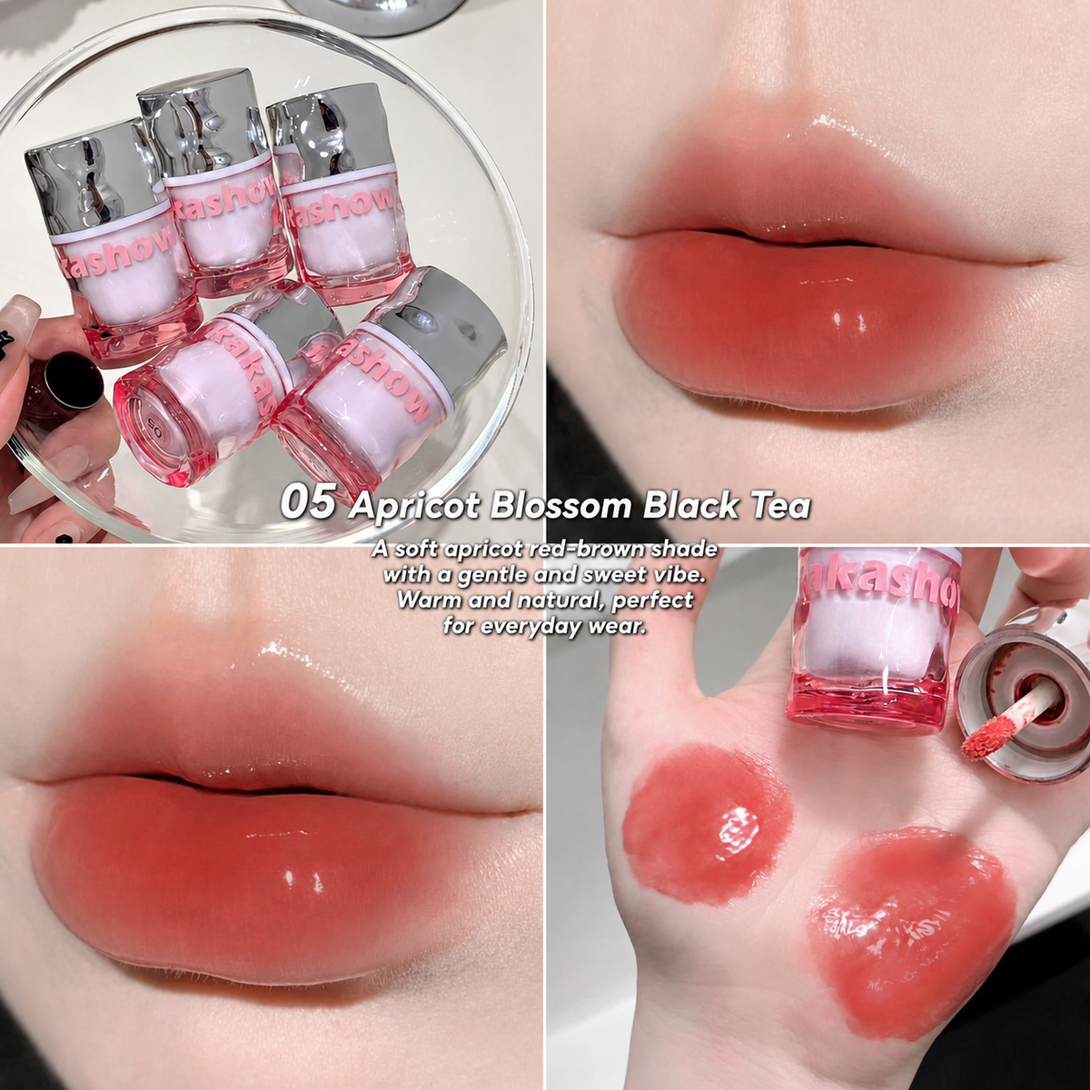 A four-panel collage showing a lip gloss product. The top-left panel shows several small pink and silver lip gloss bottles in a round dish, with text reading '05 Apricot Blossom Black Tea'.