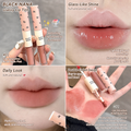 A 2x2 collage showing a lip tint product in use and on the lips. The top-left panel shows two pink-tinted lip tint tubes labeled BLACK NANA held in a hand, with text describing the shade as nude pink.
