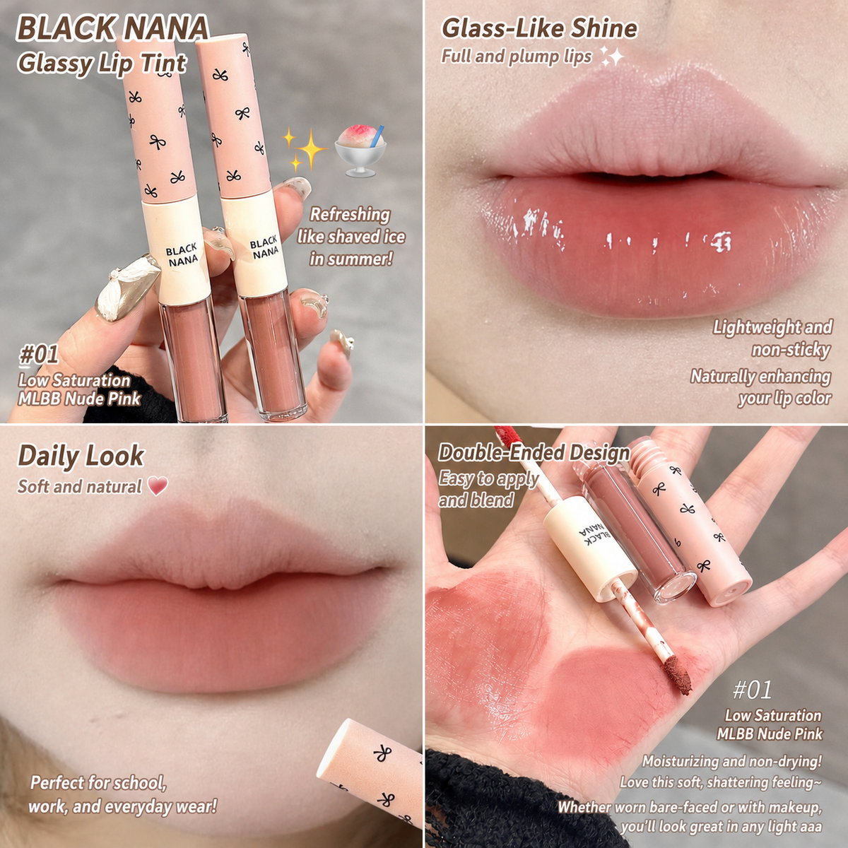 A 2x2 collage showing a lip tint product in use and on the lips. The top-left panel shows two pink-tinted lip tint tubes labeled BLACK NANA held in a hand, with text describing the shade as nude pink.