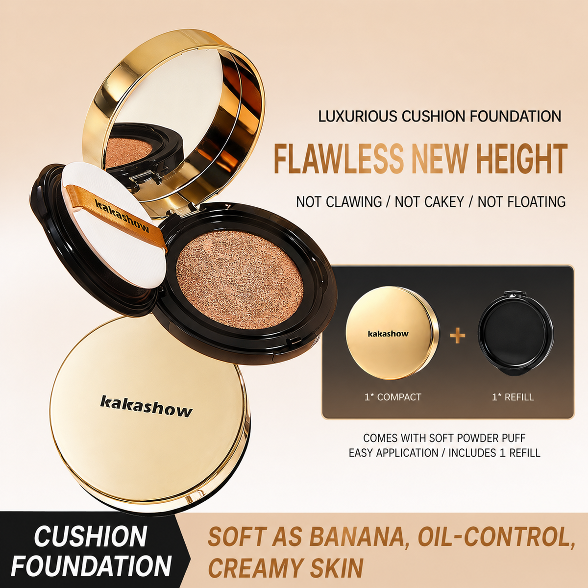 Kakashow Cushion Foundation in a soft champagne-beige shade, shown with an open compact mirror, a pressed powder pan, a refill compact, and a demonstration graphic of the compact and refill mechanism on a warm beige background.