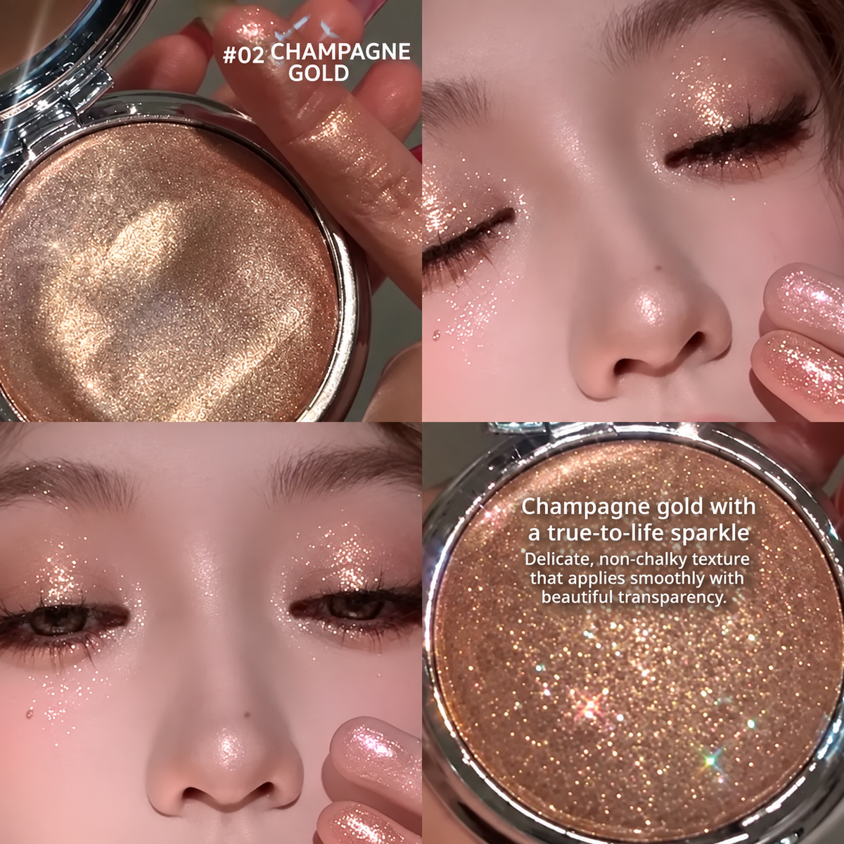 A 2x2 collage showing a sparkling champagne gold eyeshadow compact opened to reveal the pressed shadow, with close-up views of a model wearing the shimmer and text describing the shade as #02 CHAMPAIGE GOLD.