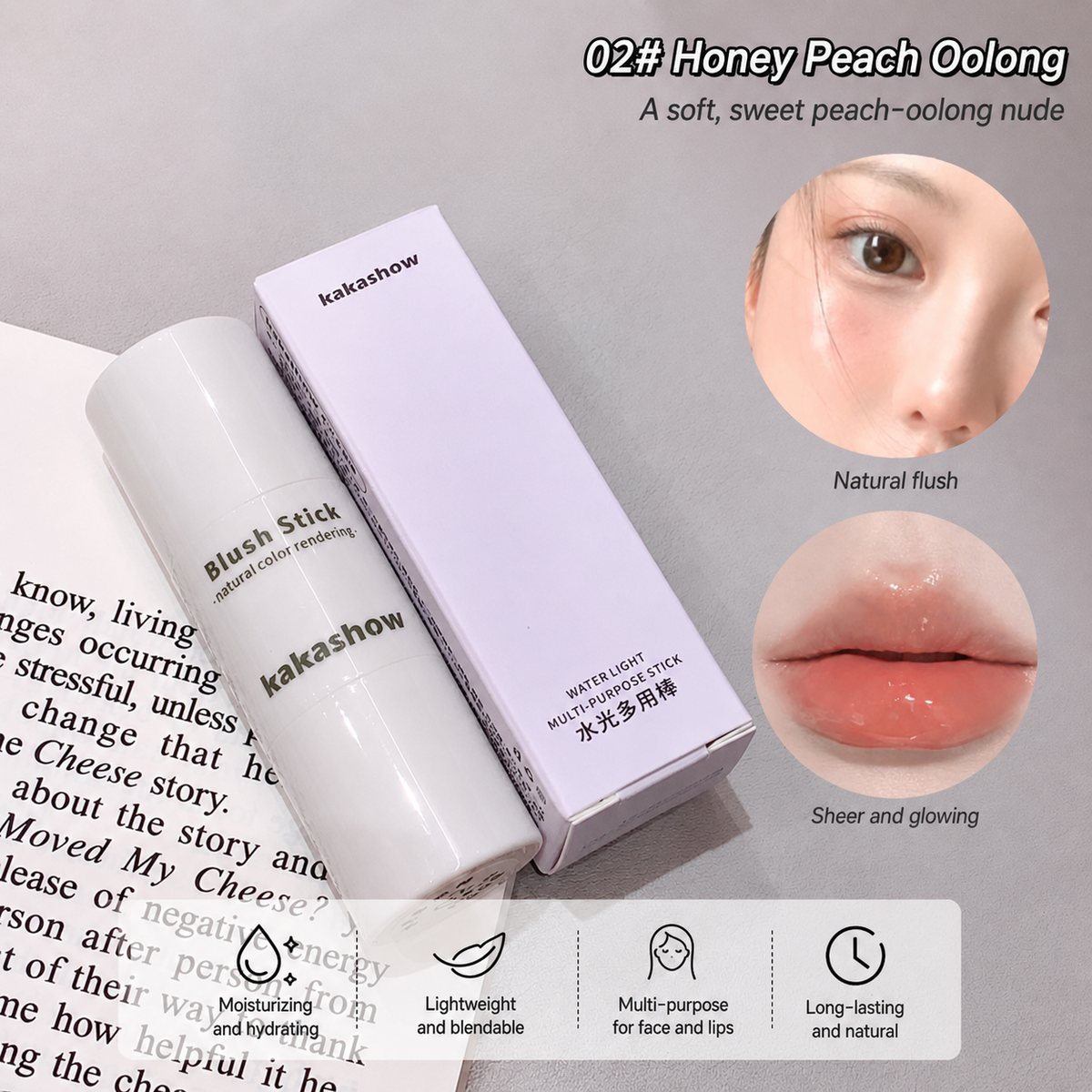 Kakashow blush stick in shade 02 Honey Peach Oolong, shown with its white and lavender packaging on an open book, alongside two circular close-ups of a model's face demonstrating the natural peach blush effect.