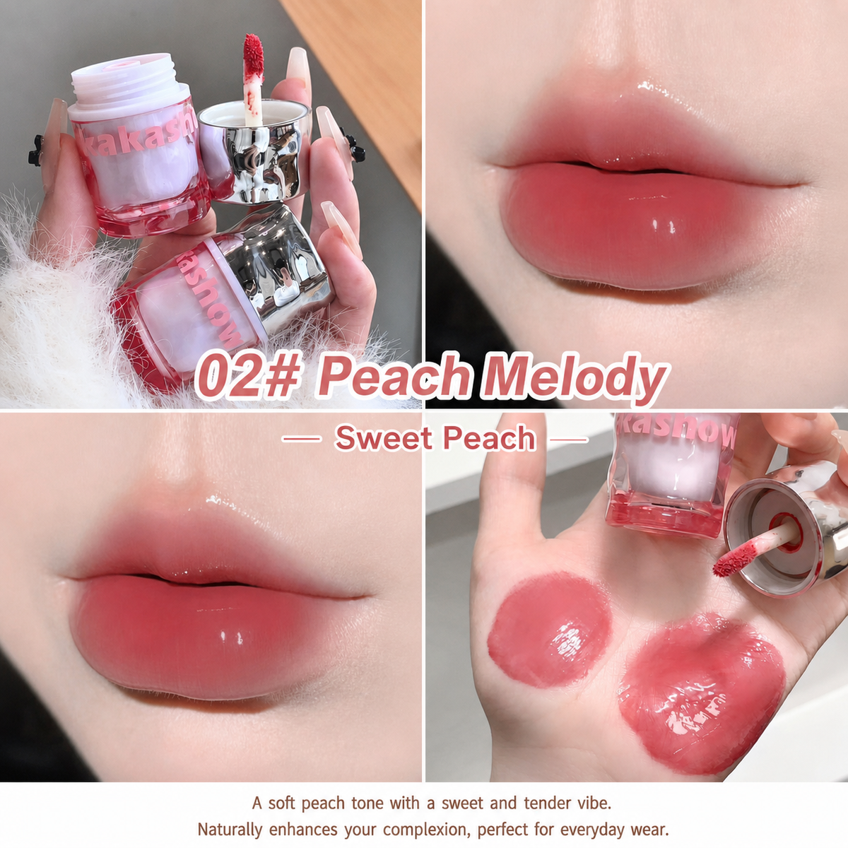 A four-panel collage showing a peach-toned lip gloss or liquid lipstick labeled '02# Peach Melody'. Two panels show glossy lips wearing the shade, and two panels show the product container and swatches on a hand.