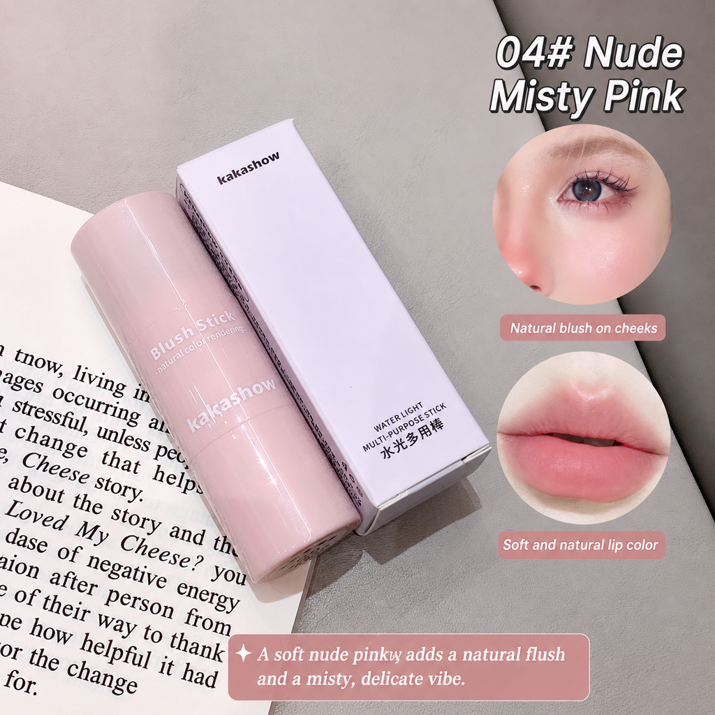 kakashow Blush Stick in shade 04 Nude Misty Pink, showing the pink tube, white packaging box, and two circular inset images demonstrating the blush effect on cheeks and lips.
