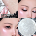 Four-panel makeup swatch collage showing a shimmery icy white highlighter powder. One panel shows the powder pressed onto skin with text describing the finish; another shows a close-up of a model's eye with the product applied; a third panel shows the open compact with sparkling powder visible; the fourth shows a close-up of the product surface.