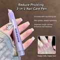 A hand holding a lavender 3-in-1 nail care pen labeled KAKASHOW, with text overlays promoting reducing prickling and moisturizing benefits, plus a small inset showing manicured nails.