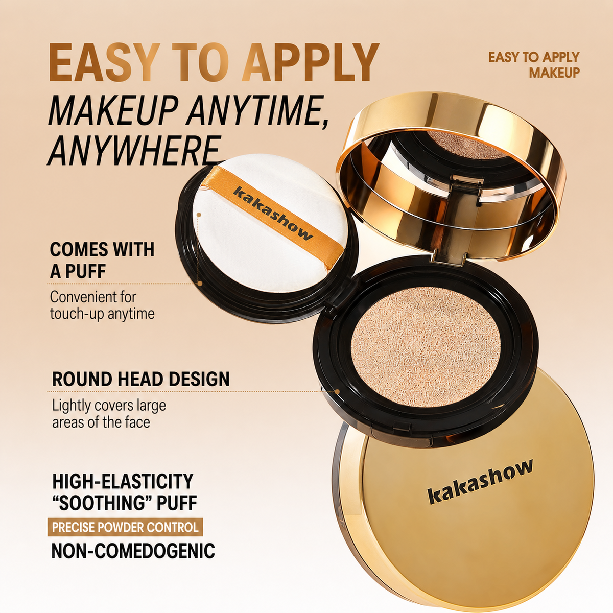 Kakashow cushion foundation compact shown open with two compact pieces arranged on a beige promotional background with marketing text. The product has a shiny gold lid, black compact casing, and a light champagne-beige powder pan.