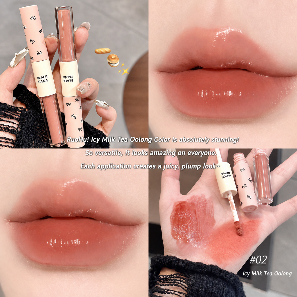 A four-panel collage showing a lip gloss product. Two panels show a hand holding two lip tubes labeled BLACK NANA and YENN EY EME, with swatches of the glossy peachy nude gloss on lips.