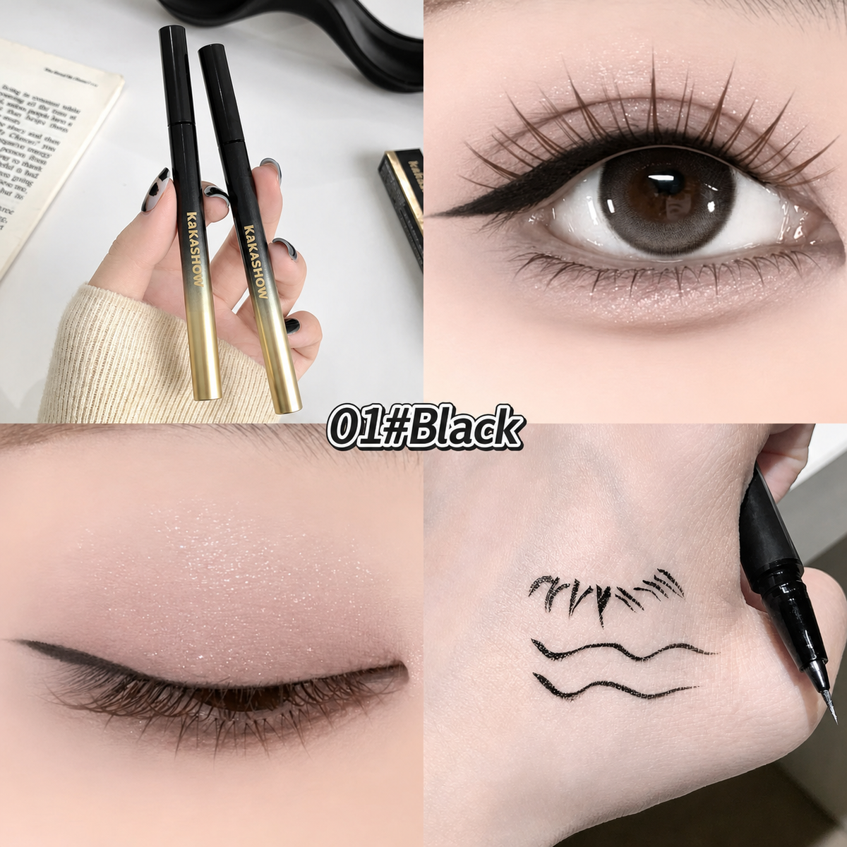 Eyeliner pen with close-up of eye and application on skin