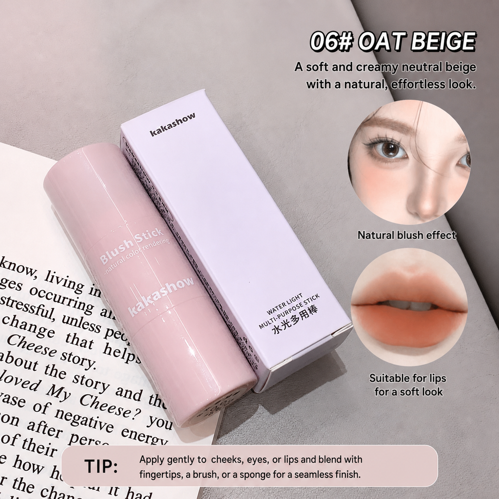 A pink cylindrical blush stick and its white box from the brand katashow, displayed on a gray background with printed book pages. The image includes text overlays describing the shade as '06# OAT BEIGE' and showing circular close-ups of a model's eyes and lips demonstrating the natural blush effect.