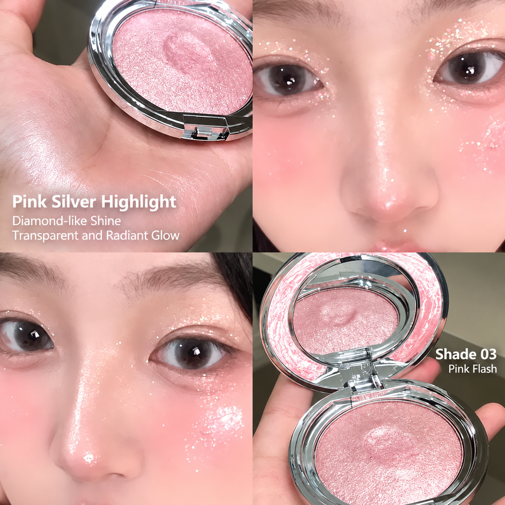 Four-panel beauty collage showing a pink silver highlighter in an open round compact, with close-ups of a hand holding the compact and a model wearing the shimmer on the skin. Text reads 'Pink Silver Highlight' and 'Shade 03 Pink Flush'.