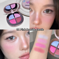 A four-panel collage showcasing a KAKASHIO eyeshadow palette named '01 Pink Seaside Castle'. The top-left panel shows the open round compact with four pastel shades (pink, blue, purple, and dark gray/black) on a white surface.