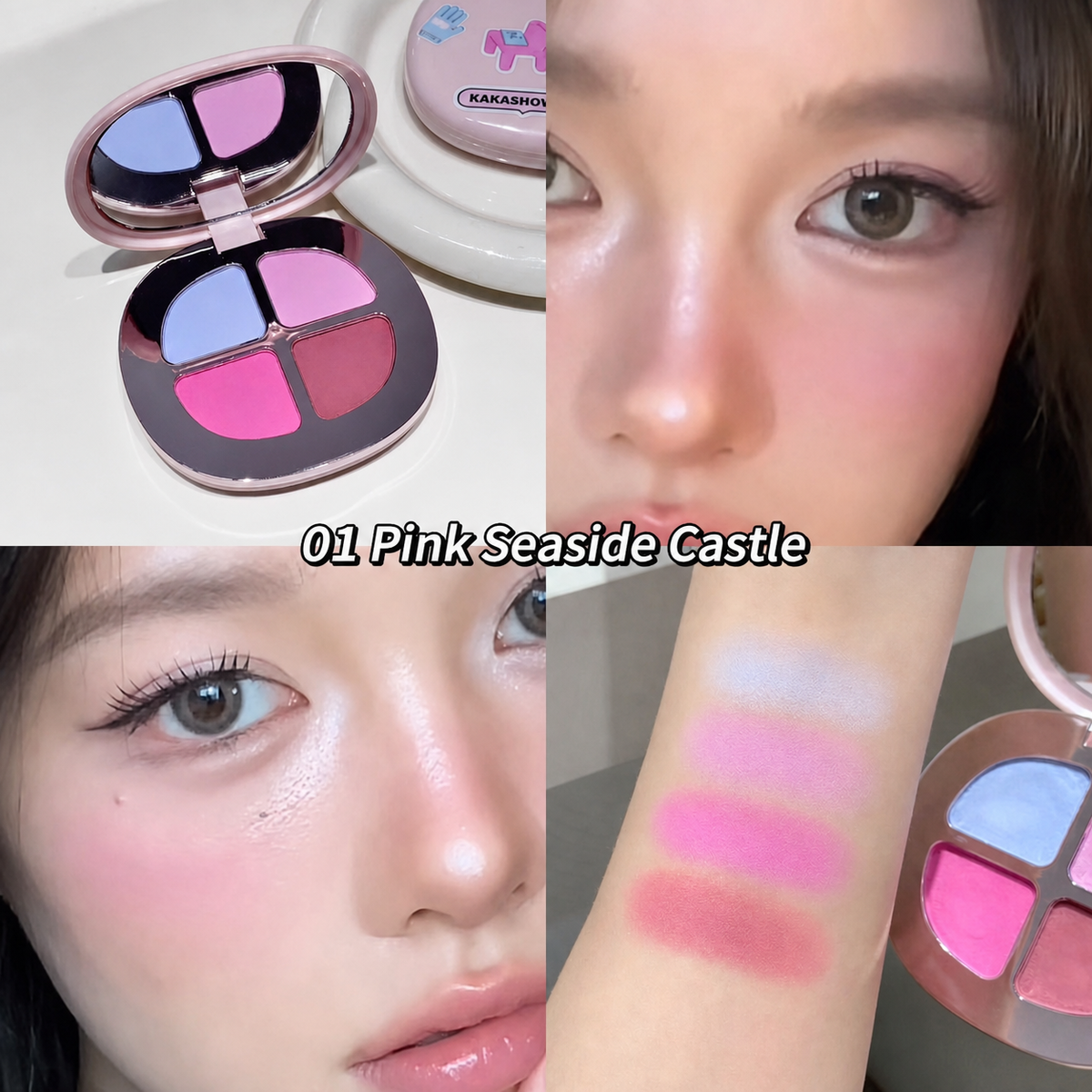 A four-panel collage showcasing a KAKASHIO eyeshadow palette named '01 Pink Seaside Castle'. The top-left panel shows the open round compact with four pastel shades (pink, blue, purple, and dark gray/black) on a white surface.