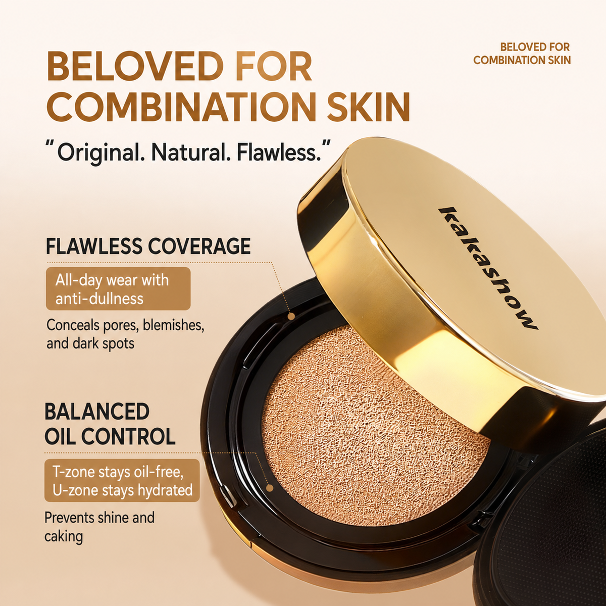 Kakashiow liquid cushion foundation in an open black and gold compact, with promotional text highlighting its benefits for combination skin on a warm beige background.