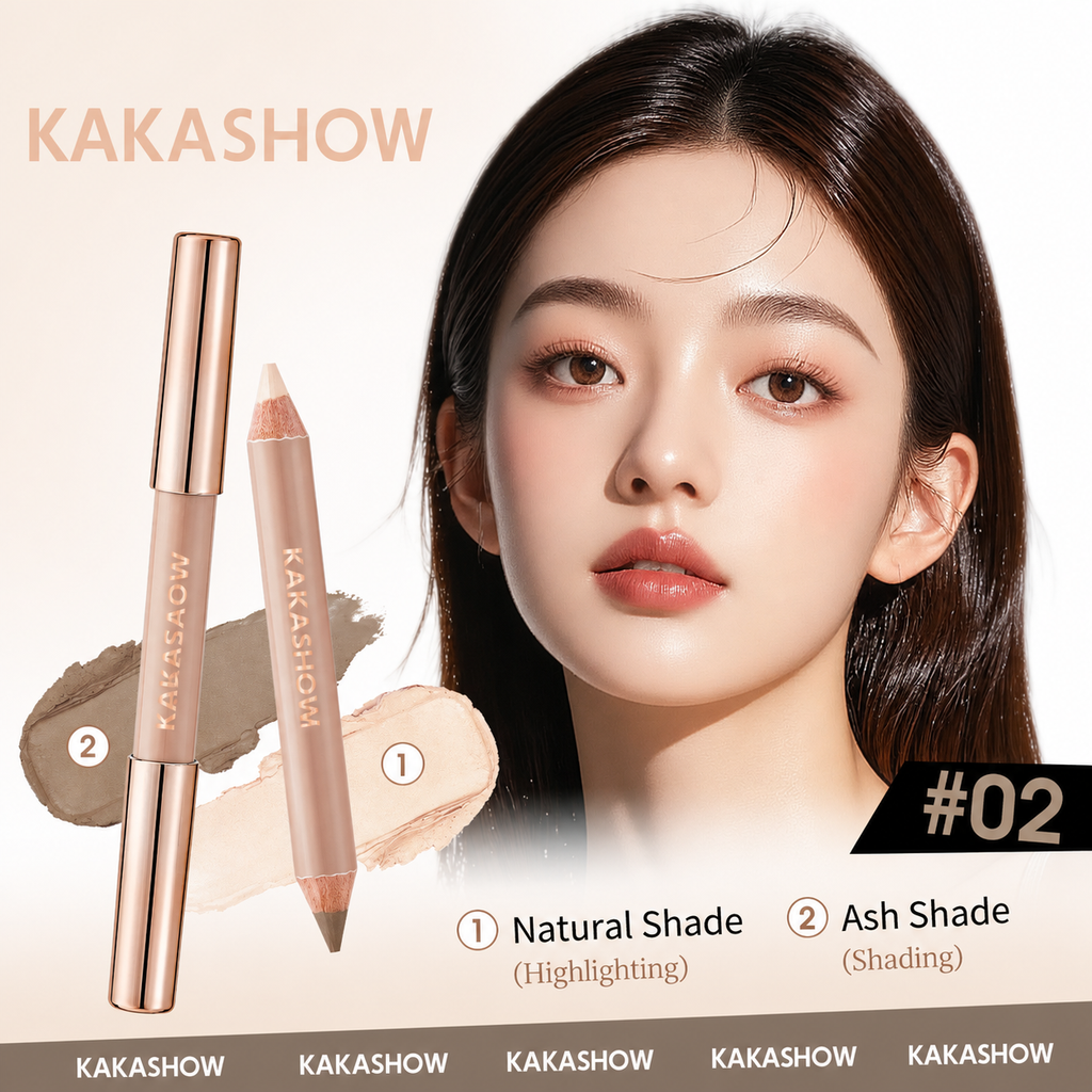 KAKASHOW eyebrow pencil set in a rose gold metallic finish, shown alongside swatches of natural and ash shades on a model's face. The image features the KAKASHOW brand name and text indicating shade #02.