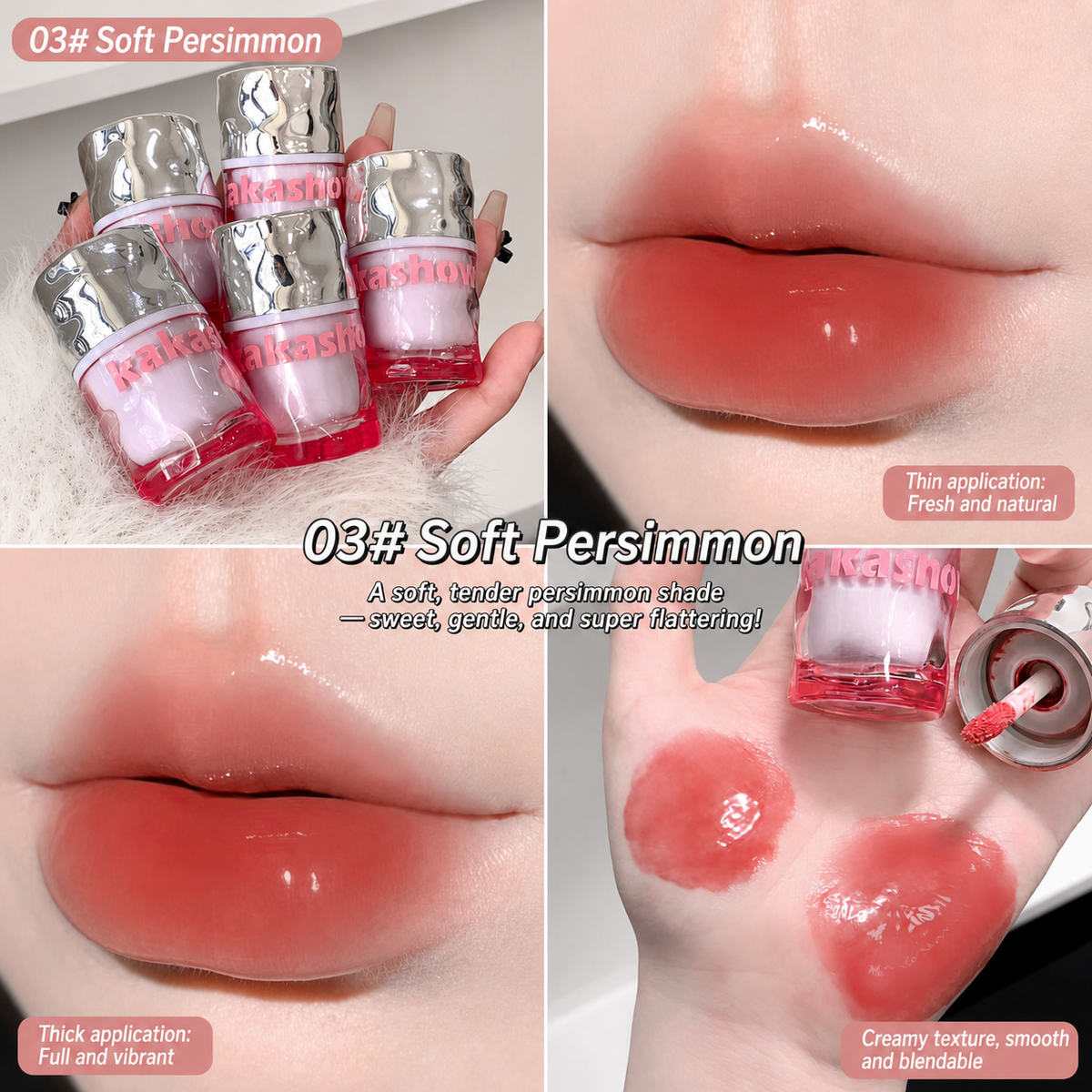 A four-panel collage showing a lip gloss product labeled '03# Soft Persimmon.' The top-left panel shows a hand holding five small gloss bottles with reflective silver caps and pink-red labels.