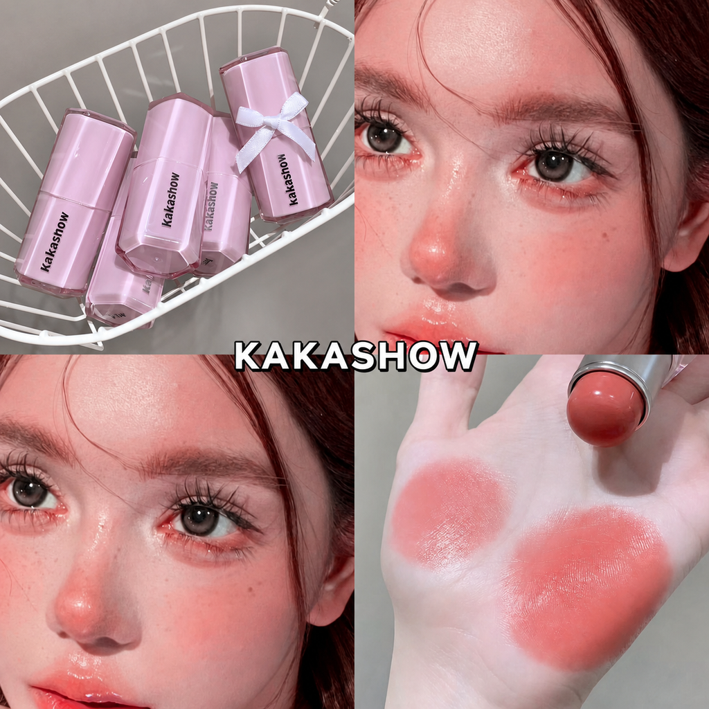 A four-panel collage showing pink KAKASHOW cosmetic tubes in a white basket, close-up views of a model's face with rosy pink makeup, and a hand swatch of the pink product. The brand name KAKASHOW is visible on the tubes and as a central text overlay.