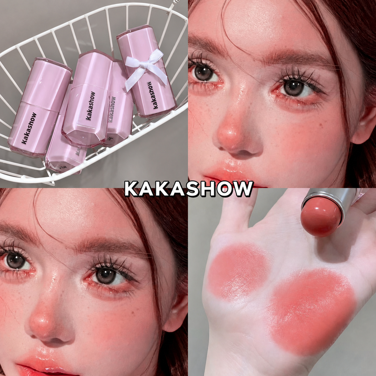 A four-panel collage showing pink KAKASHOW cosmetic tubes in a white basket, close-up views of a model's face with rosy pink makeup, and a hand swatch of the pink product. The brand name KAKASHOW is visible on the tubes and as a central text overlay.