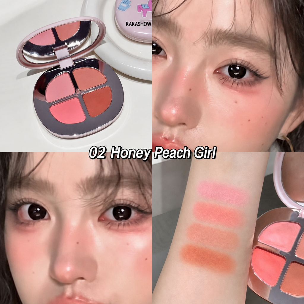 A four-panel collage showcasing a KAKASHOW four-color blush palette in the shade '02 Honey Peach Girl'. The top-left panel shows the open compact with its mirrored lid reflecting the pink packaging.