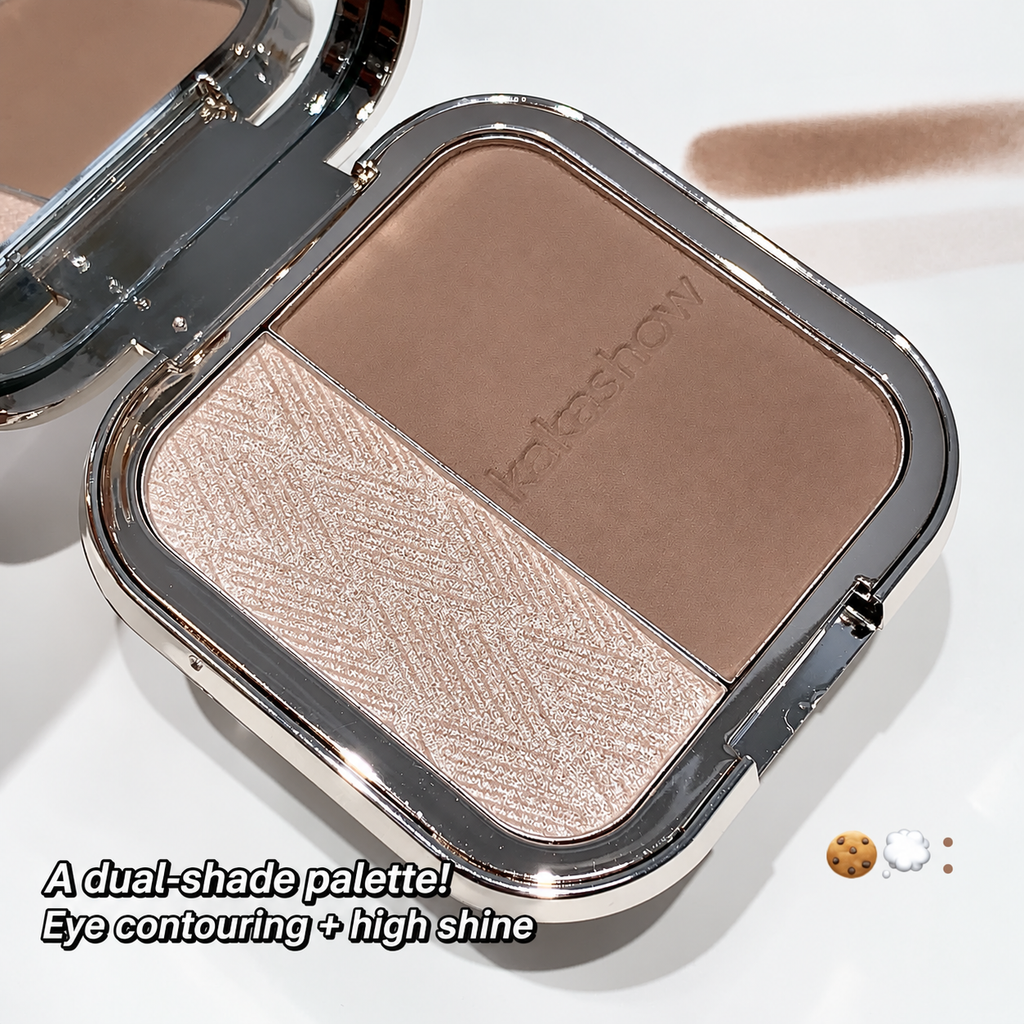 An open makeup compact showing a dual-shade face contouring and highlighter palette. One pan is a matte medium brown and the other is a shimmering champagne-beige.