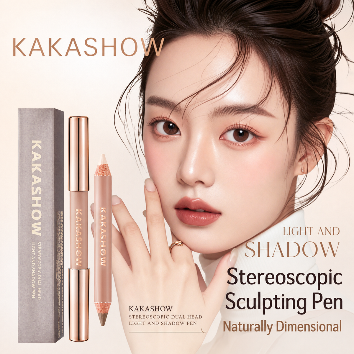 KAKASHOW Stereoscopic Sculpting Pen light and shadow makeup set shown with a model. The image features a close-up of a woman with defined, sculpted features, alongside the product packaging (a gray box and two metallic rose-gold pen tools) on a light beige background with promotional text.