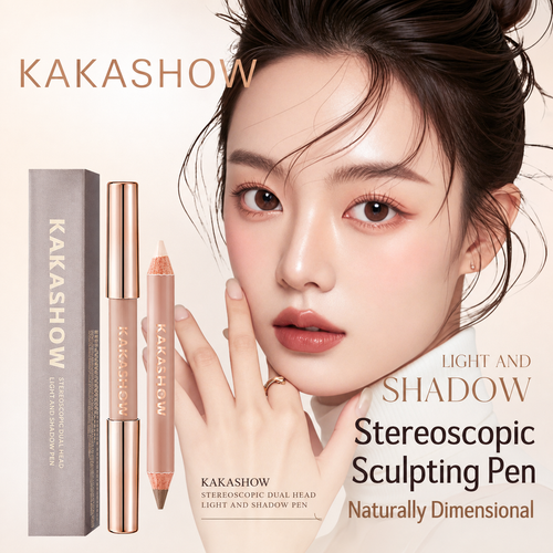 KAKASHOW Stereoscopic Sculpting Pen light and shadow makeup set shown with a model. The image features a close-up of a woman with defined, sculpted features, alongside the product packaging (a gray box and two metallic rose-gold pen tools) on a light beige background with promotional text.