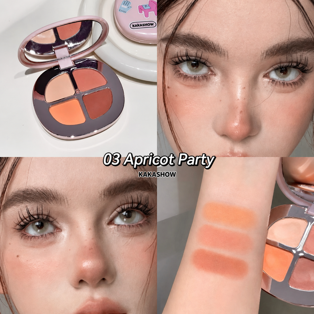 Four-panel makeup swatch collage for shade '03 Apricot Party' by KAKASHOW. Top-left shows the open round eyeshadow palette with four apricot-toned pans; top-right and bottom-left show close-up faces wearing the makeup; bottom-right shows swatches applied on skin next to the palette.