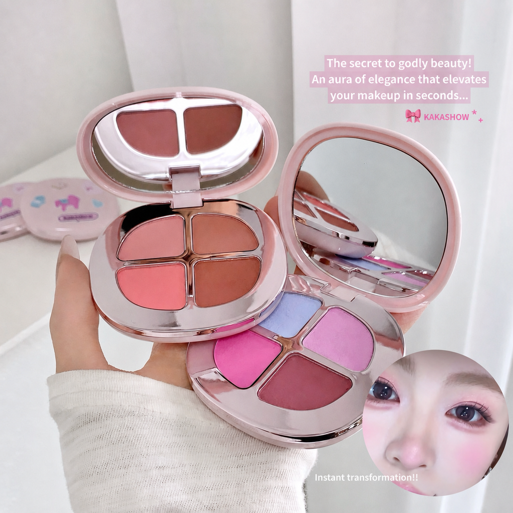 A hand holds two round pink makeup palettes with mirrors and four-color face powders. One palette shows coral and nude shades, and the other shows pink, lavender, and mauve shades.